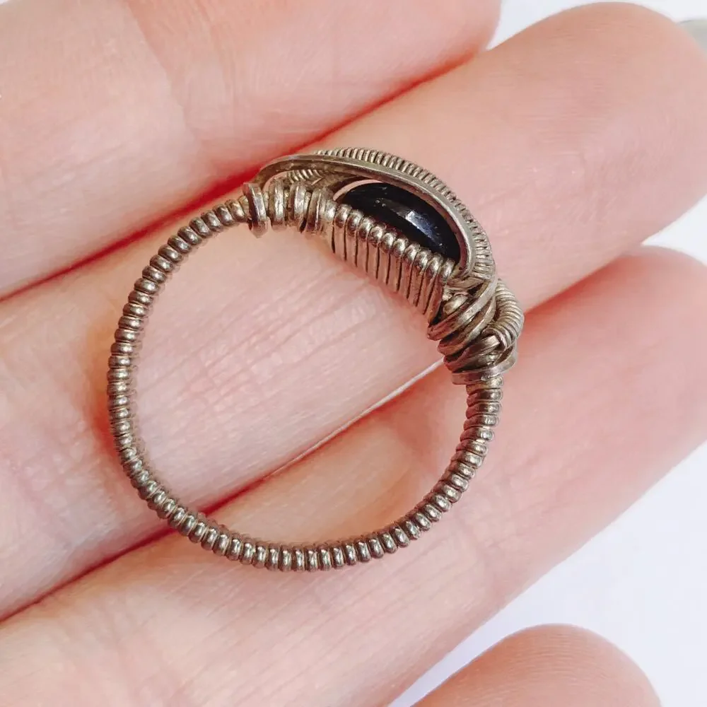 Artisan Wire Wrapped Silver Ring Red Glass Cabochon Y2K Boho Fantasy Style